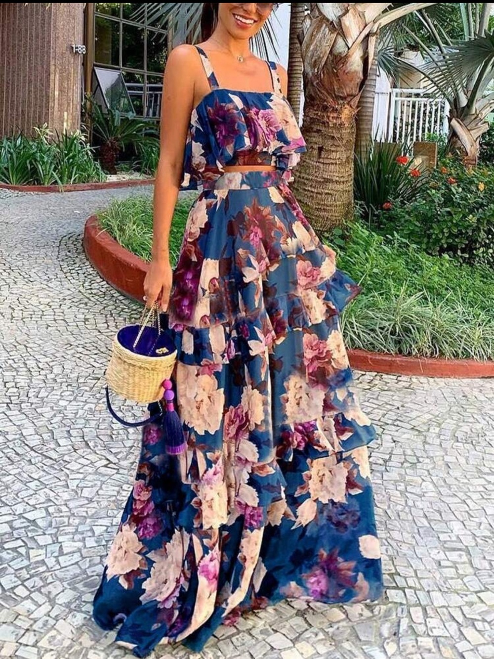 NWOT Two Piece Blue Floral Tiered Maxi Skirt with Camisole